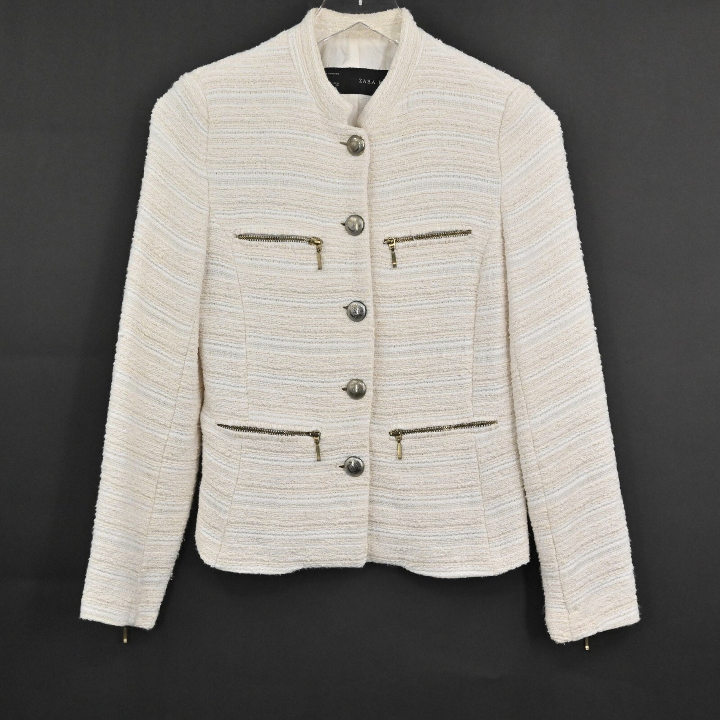 ZARA Womens Tweed Blazer Size S Cream Button Zip Pocket Single Breasted Jacket