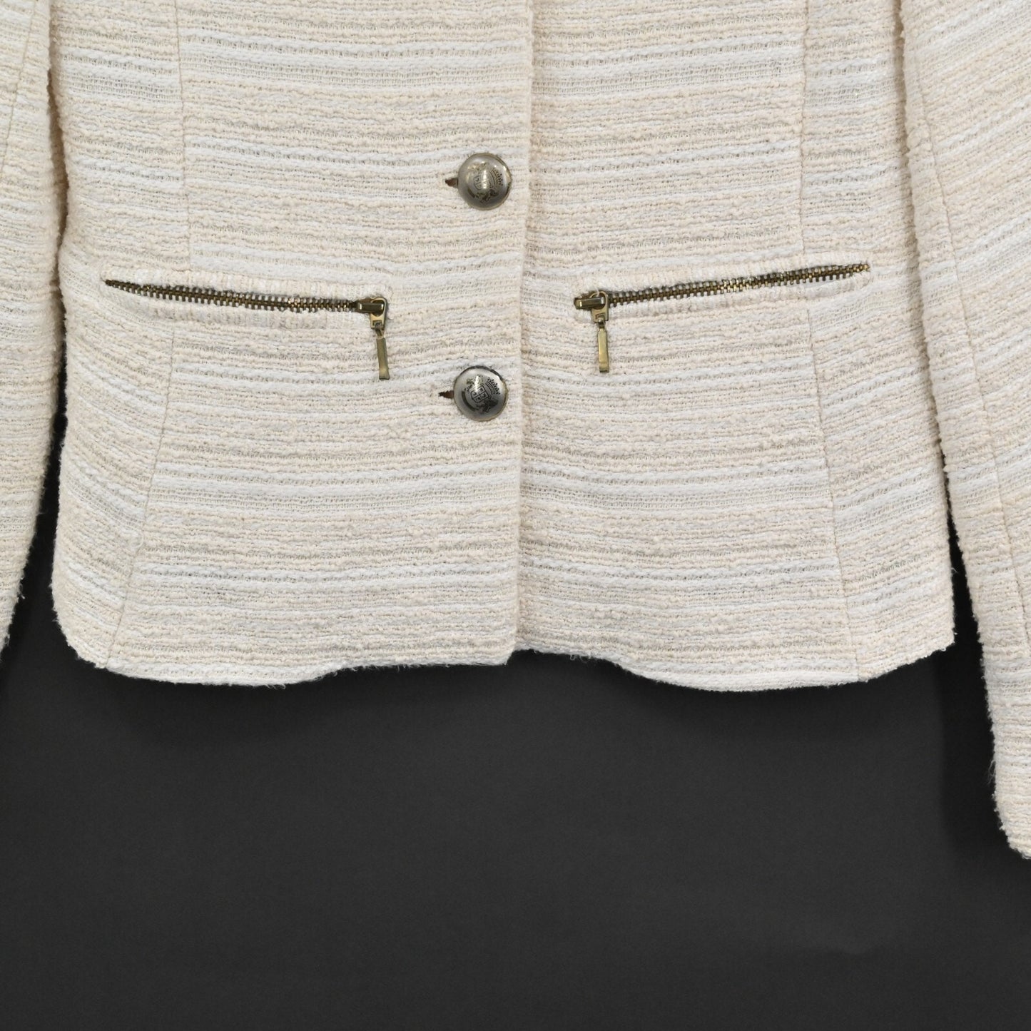 ZARA Womens Tweed Blazer Size S Cream Button Zip Pocket Single Breasted Jacket