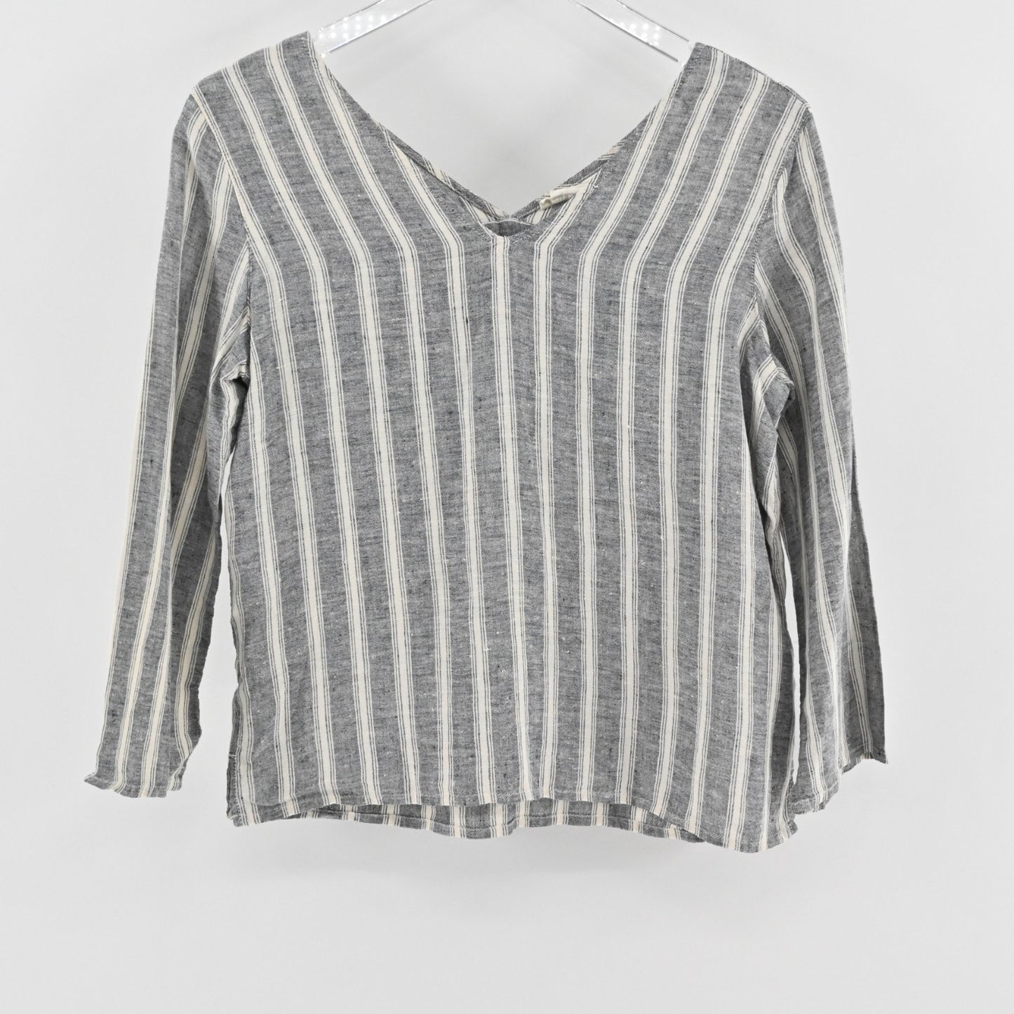 Chrisitan Siriano Womens Linen Stripe Top Size XS Gray Beige Lagenlook Prairie