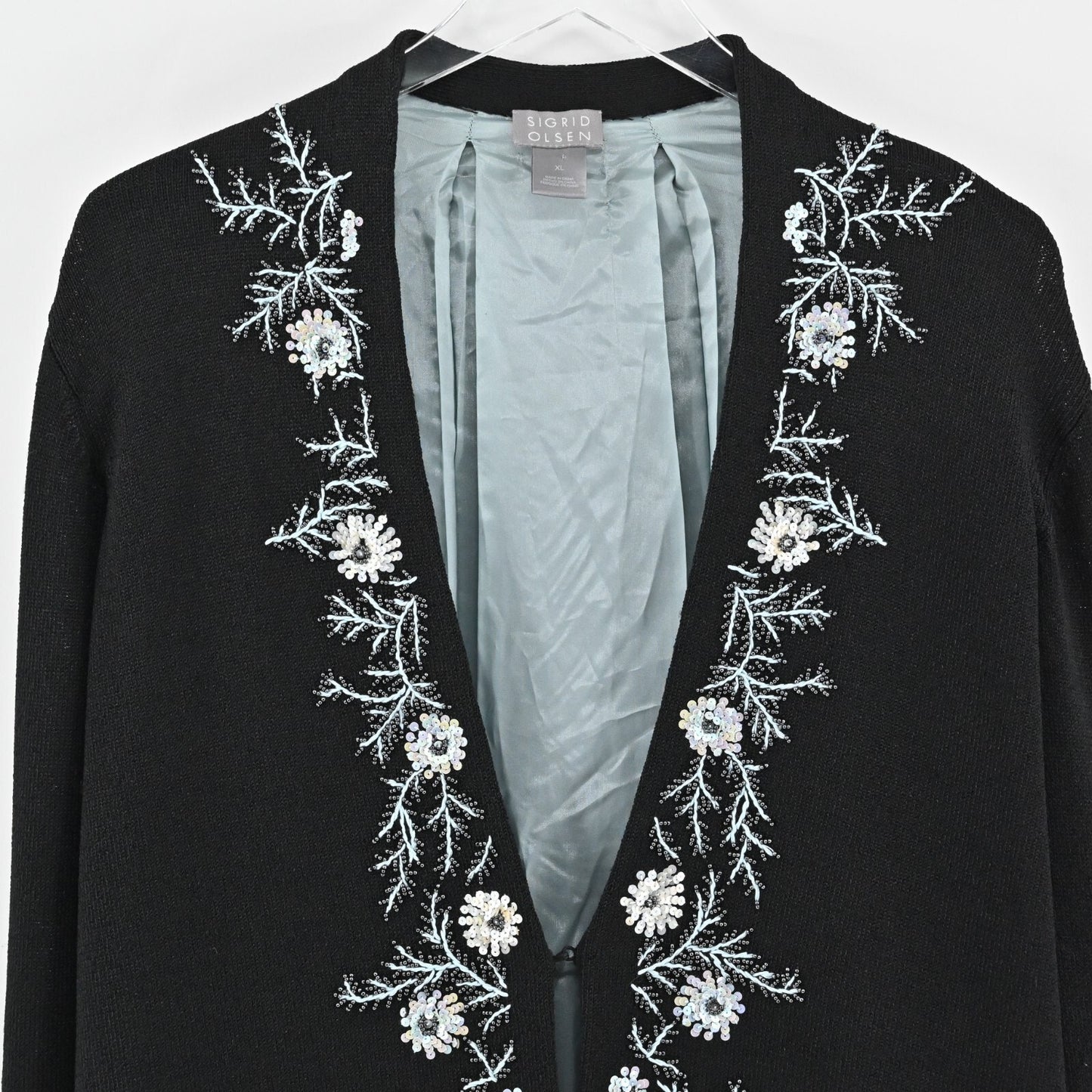 SIGRID OLSEN Womens Beaded Jacket Sz XL Black Sequin Floral Trim Knit Cardigan