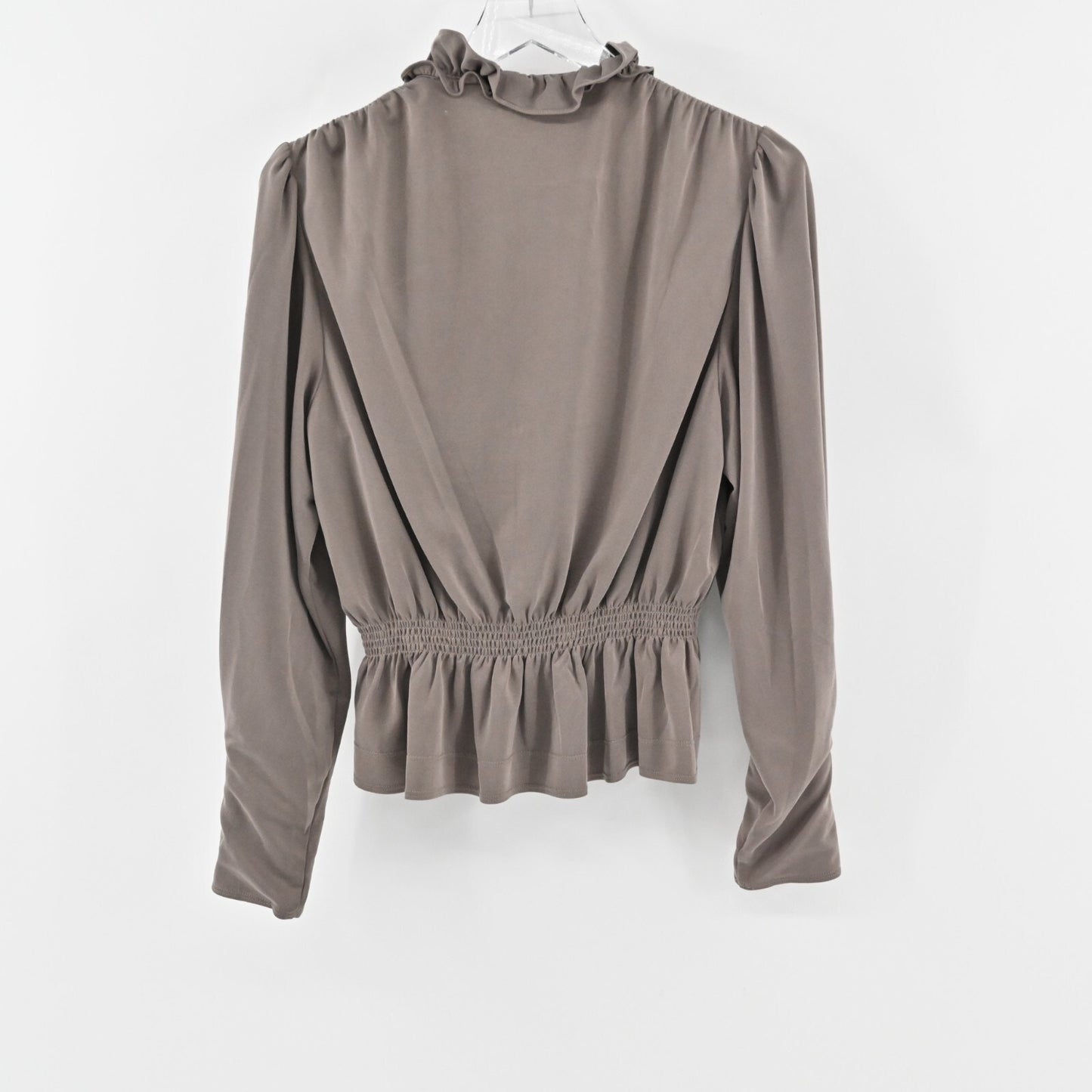 REBECCA TAYLOR Top Womens Size M Sandwash VNeck Taupe Smocked Ruffle Trim Blouse