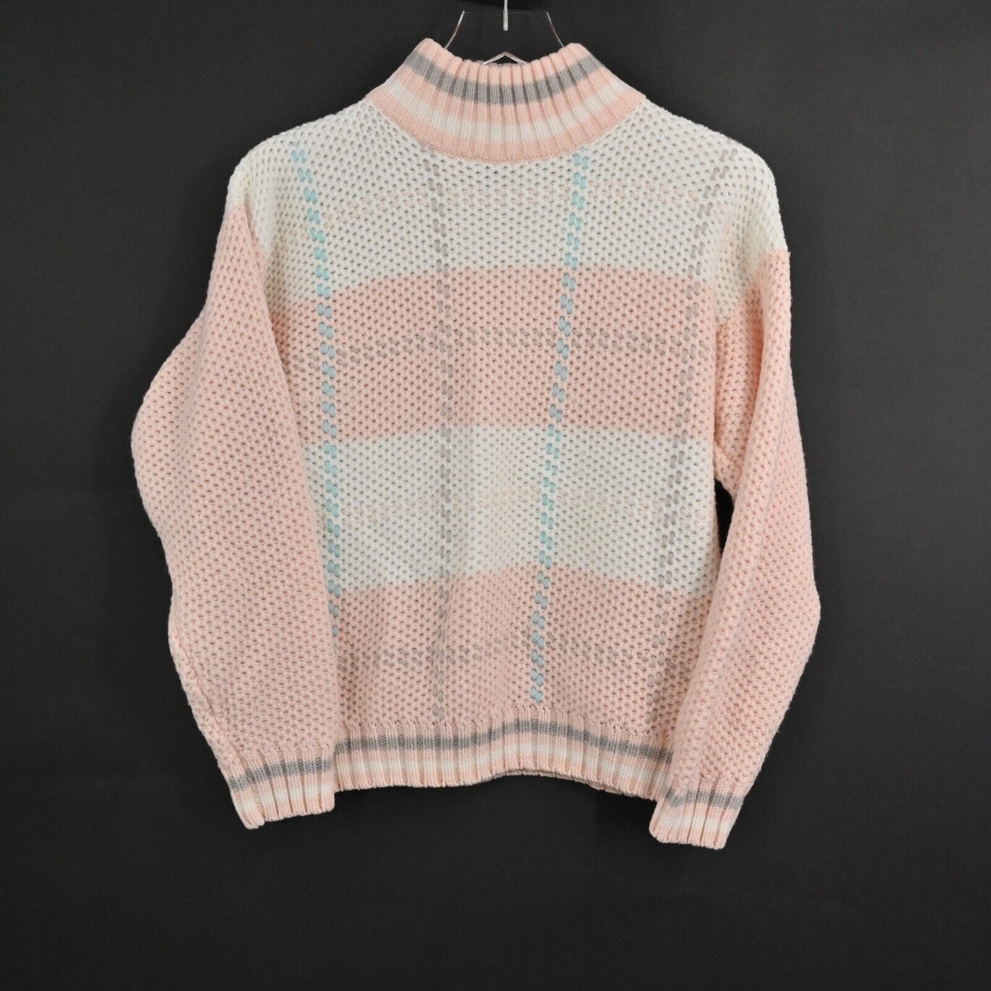 Vtg Pastel Sweater Size M Fairy Kei Plaid Chunky Knit Mock Neck Kawaii Cute Goth