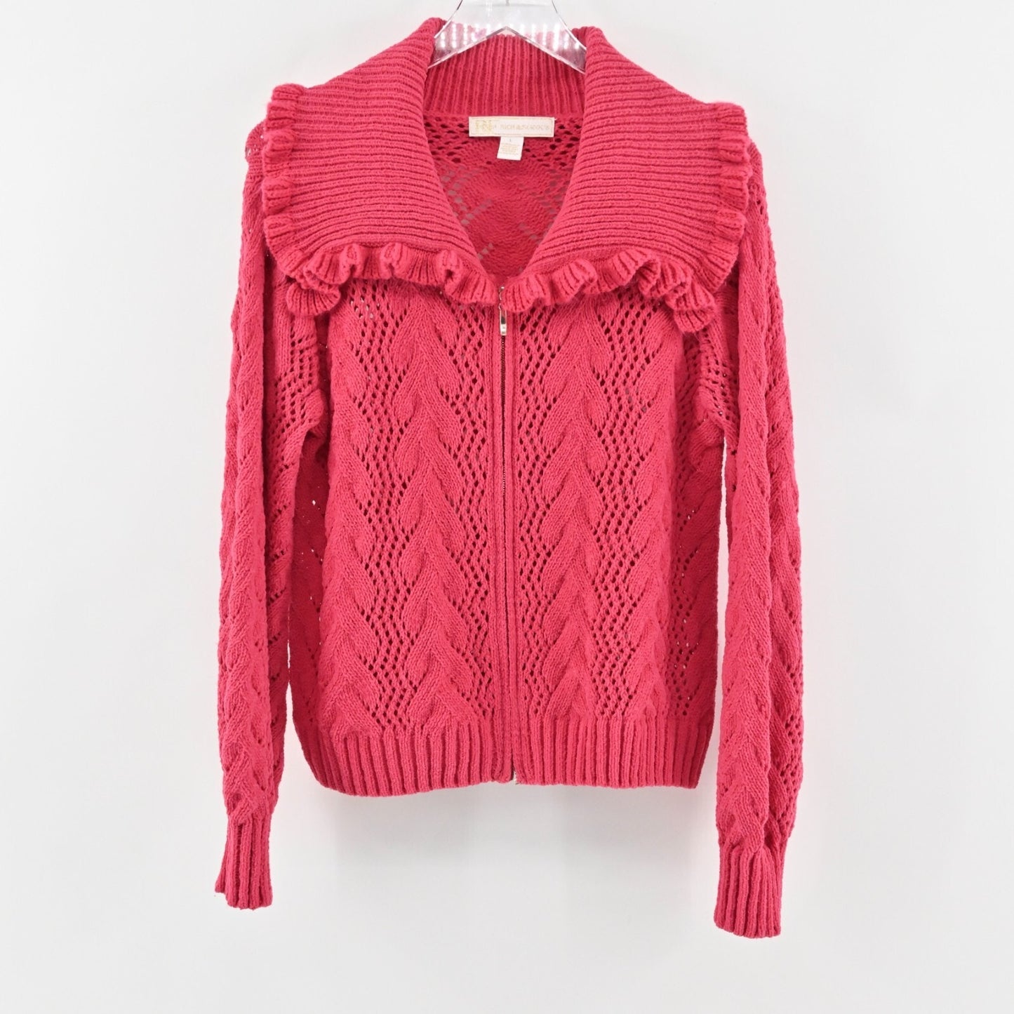RICH FAMOUS Jacket Womens Size L Hot Pink Knit Sweater Full Zip Ruffle Collar