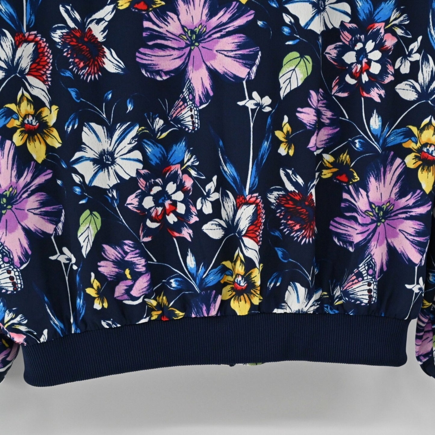 PHILOSOPHY Womens Floral Bomber Jacket Size M Blue Butterfly Full Zip Pockets