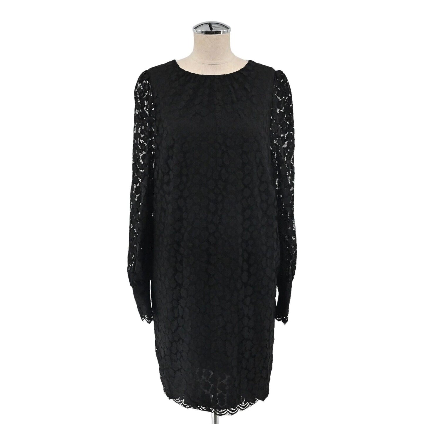 WHISTLES Dress Womens Sz 12 Black Animal Lace Tie Detail Sheer Puff Sleeve Shift