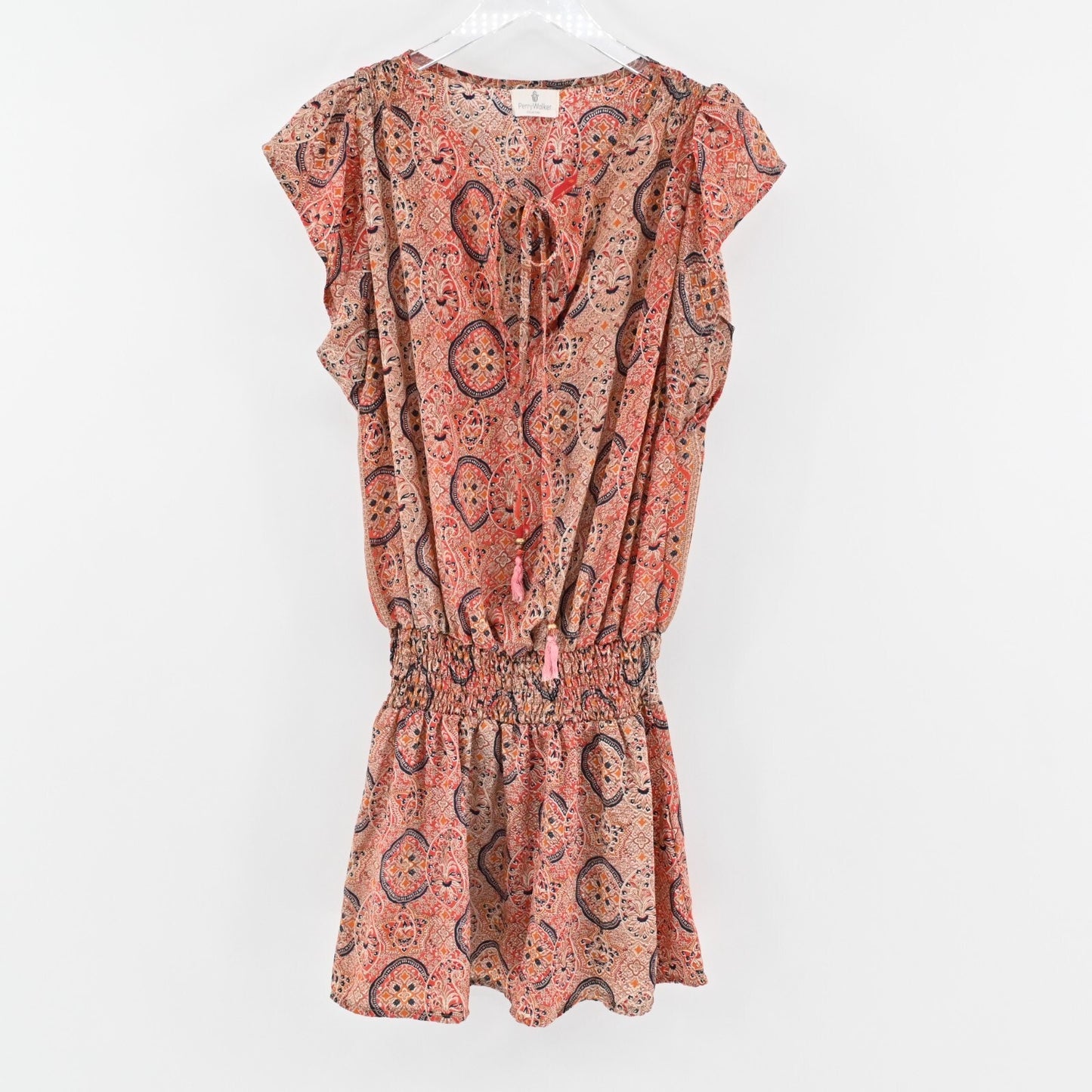 PERRY WALKER Dress Size XL Smocked Tie Front Paisley Print Tunic Mini Boho Retro