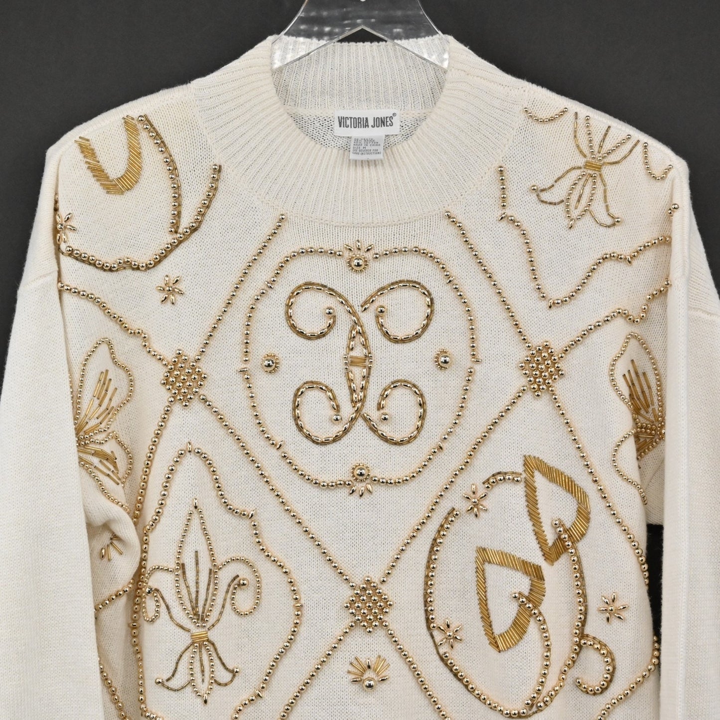 Vtg 80s Womens Gold Beaded Sweater Sz M Cream Victoria Jones Knit Fleur De Lis