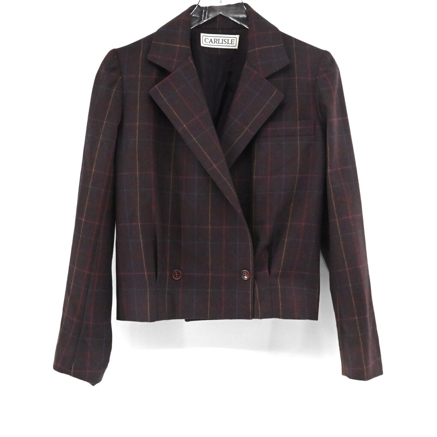 Vtg CARLISLE Blazer Womens Sz 6 Purple Windowpane Plaid Crop Double Breasted 80s