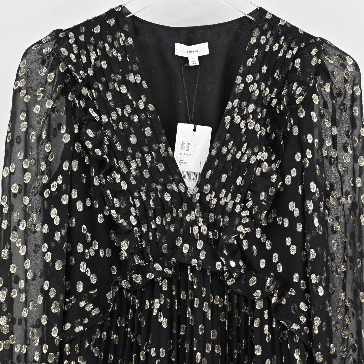 A LOVES A Metallic Dress Size S Black Gold Dot Silk Blend VNeck Accordion NEW