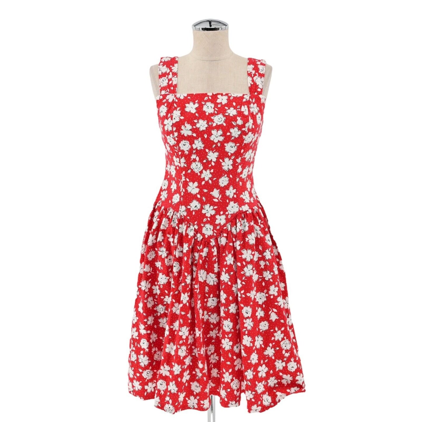 Vtg PAQUETTE Dress Women Sz 6 Red Floral Cotton Square Neck Basque Waist USA 90s