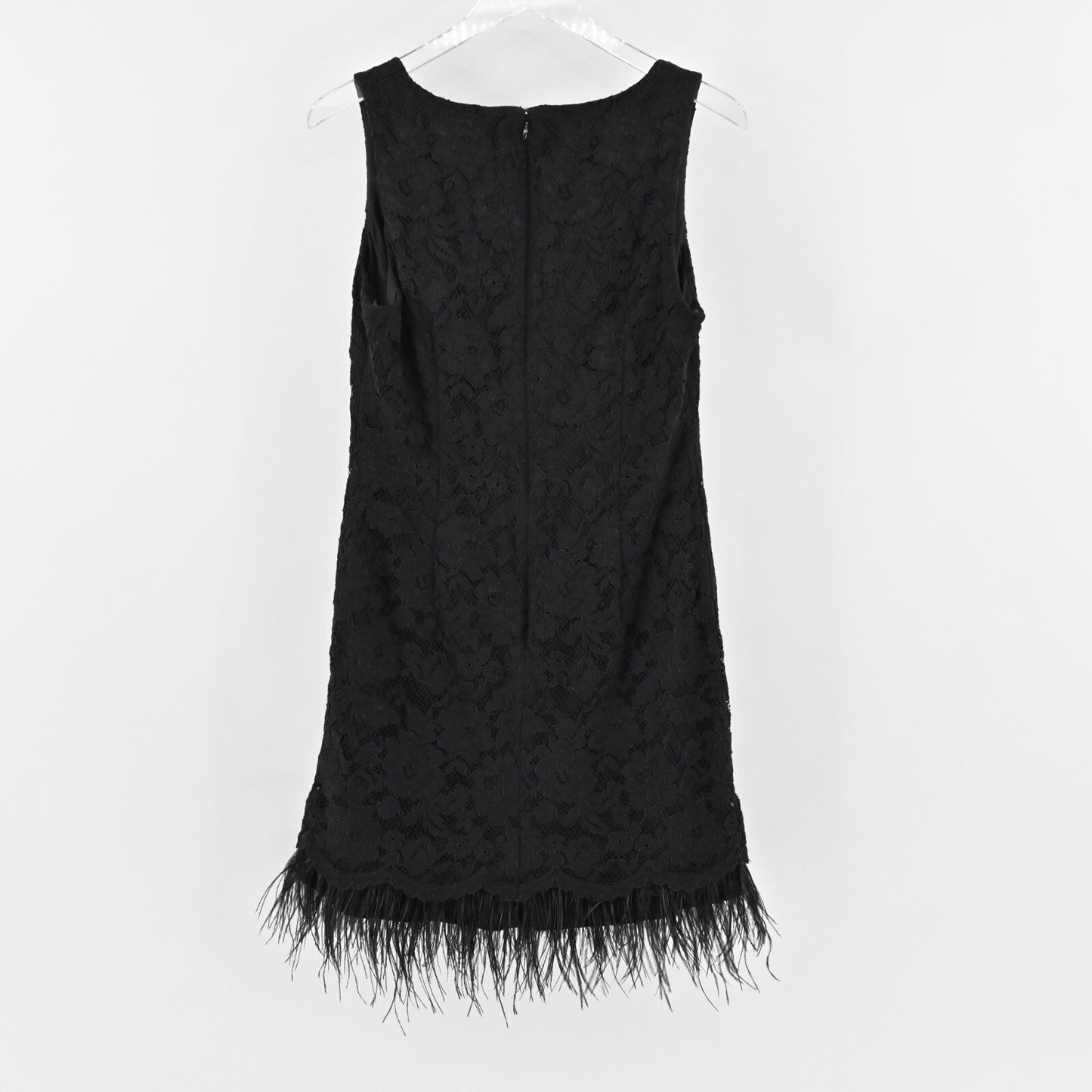 NICOLE MILLER Dress Sz 10 Black Feather Trim VNeck Sleeveless Lace Mini Flapper