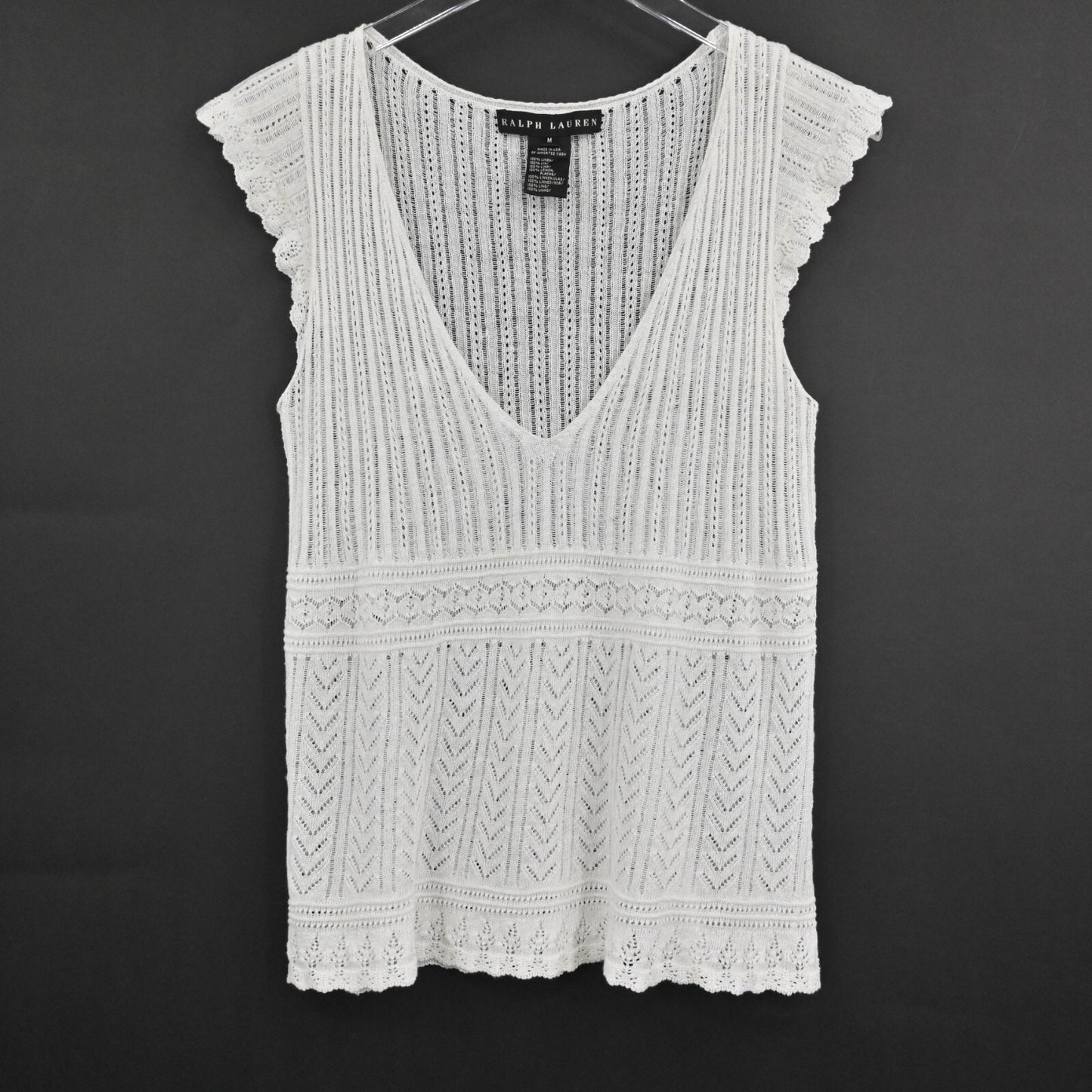 RALPH LAUREN Crochet Top Womens Sz M Black Label White Linen Knit Blouse Capsule