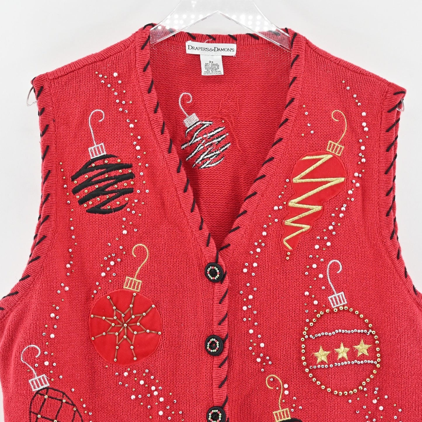 Vtg Holiday Sweater Vest Womens 2XL Beaded Red Ugly Christmas Ornaments Knit 80s