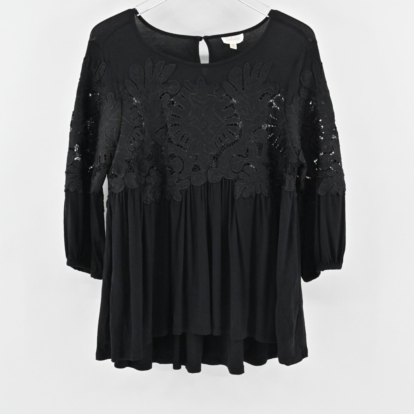 ANTHROPOLOGIE Top Womens Size M Black Crochet Lace Desi Babydoll Boho DELETTA