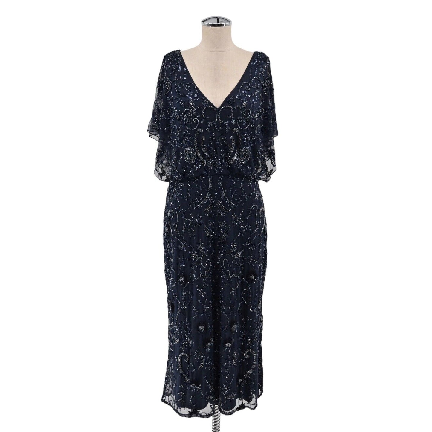 AIDAN MATTOX Dress Size 10 Beaded Sequin Navy Blue Gown Flutter Sleeve Glam FLAW