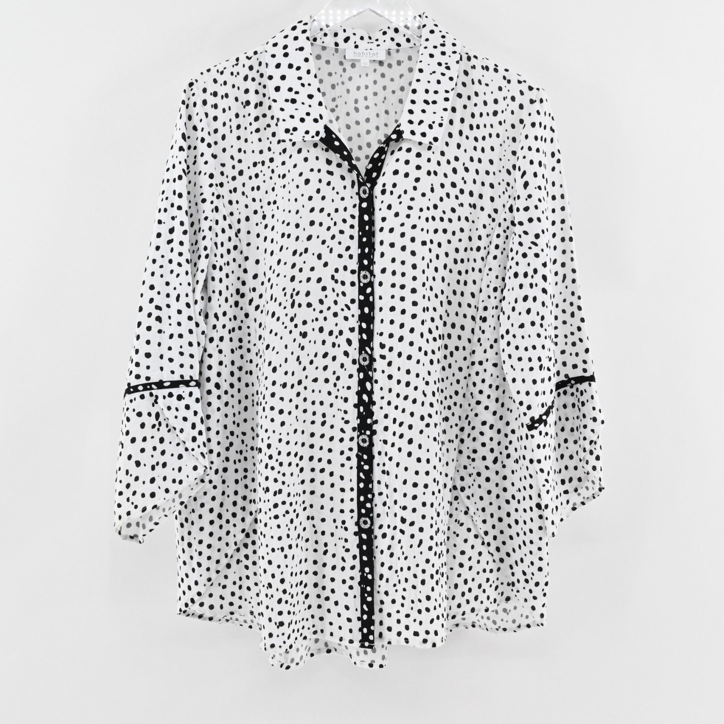 HABITAT Womens Polka Dot Top Sz L White Black Button Retro Lagenlook Art to Wear