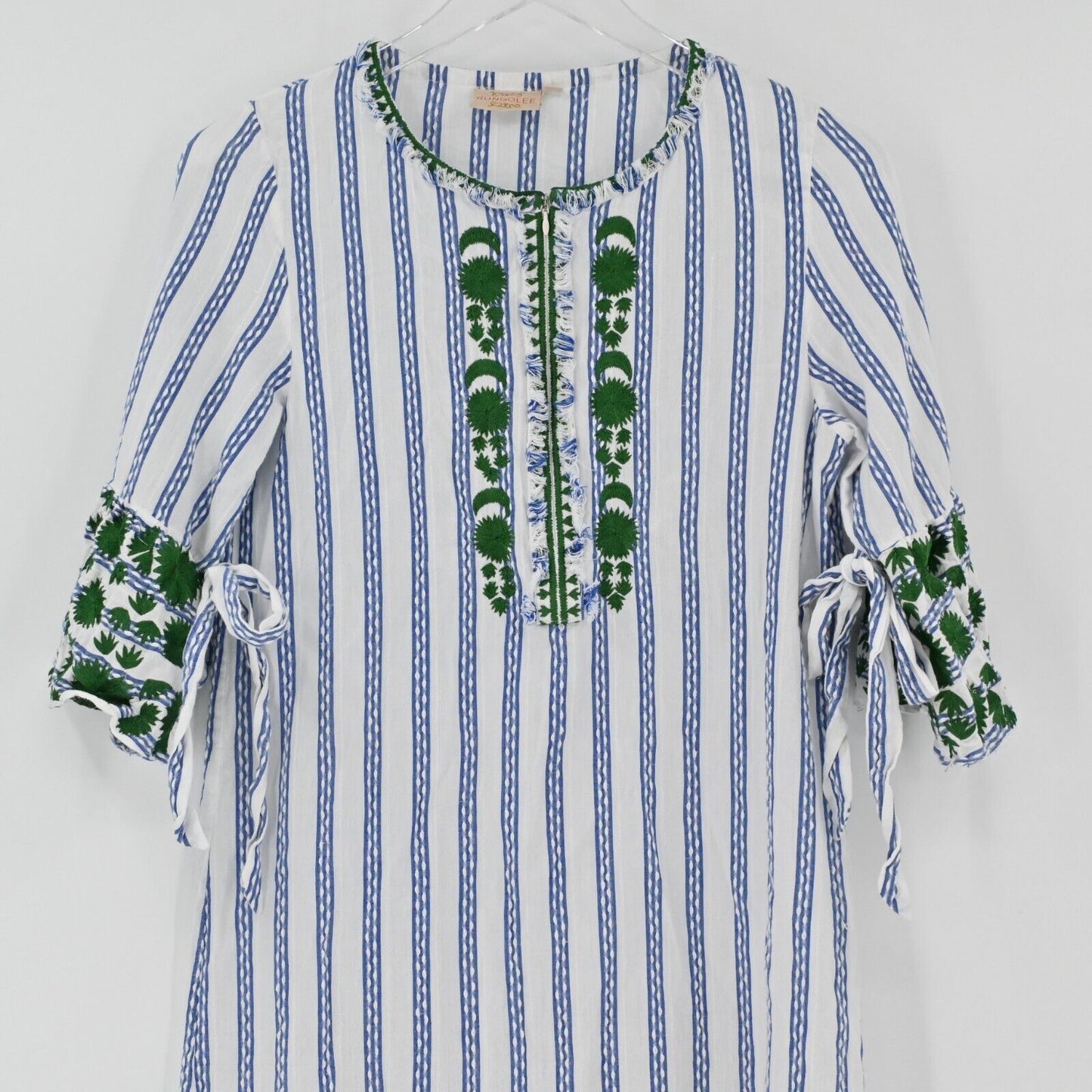 RUNGOLEE Dress Womens Sz XS Blue Green Striped Mini Embroidered Boho Cottagecore