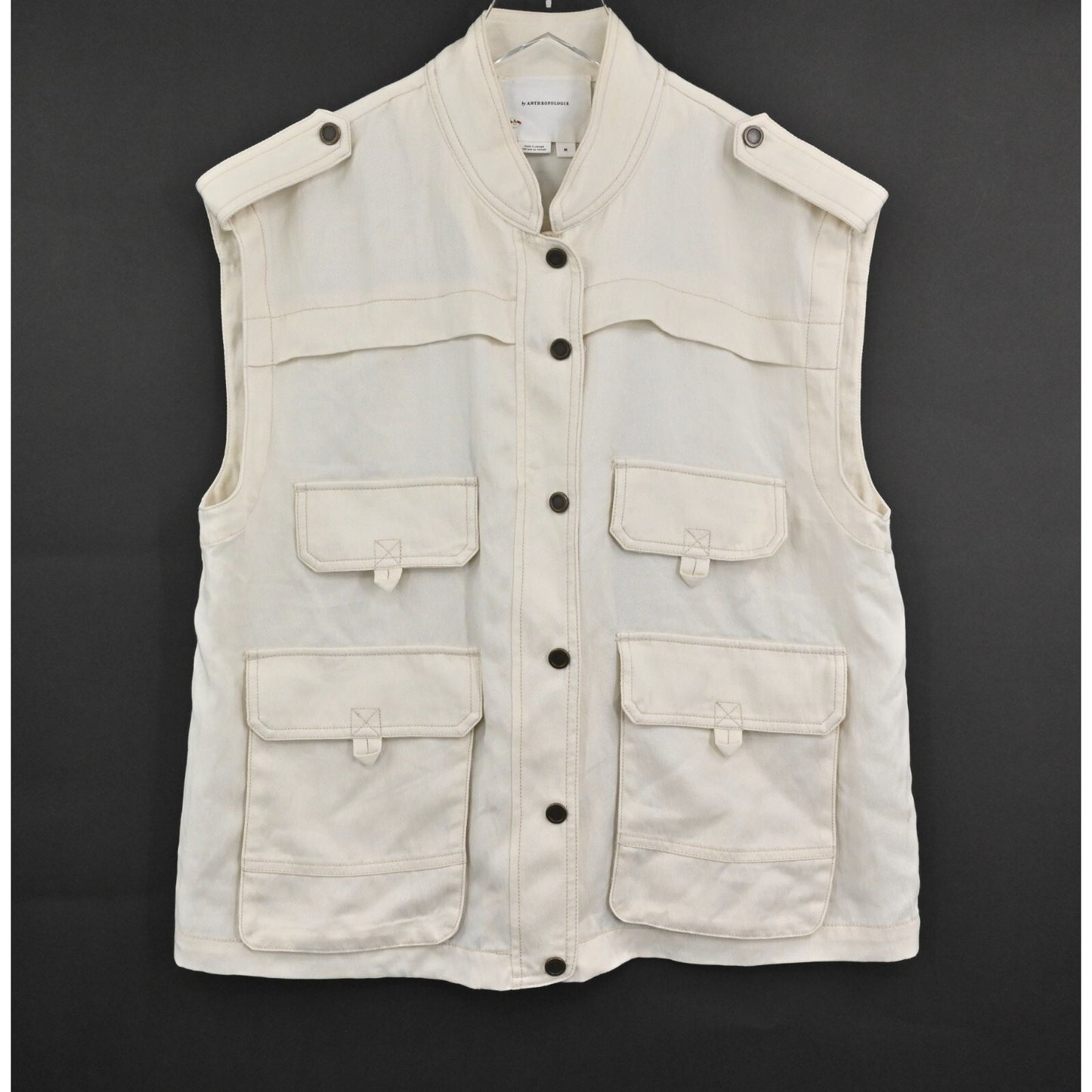 ANTHROPOLOGIE Sleeveless Jacket Womens Size M Ivory Utility Button Safari Vest