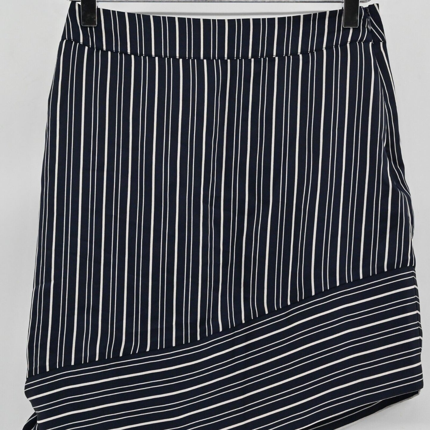 JOA Skirt Womens Sz 8 Navy Blue White Striped Asymmetric Tie Corpcore Office NEW