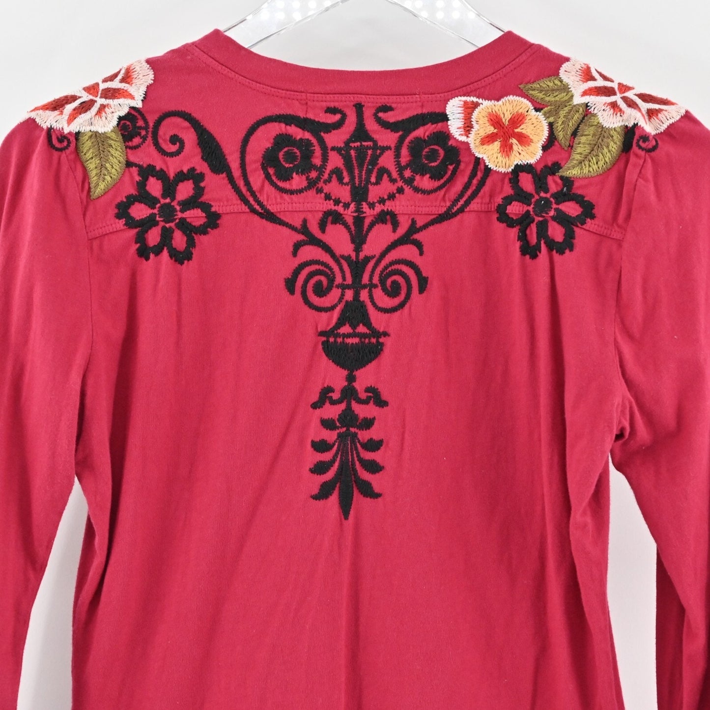 JOHNNY WAS Top Womens Size S Red Floral Embroidered JWLA Scoop Neck Long Sleeve