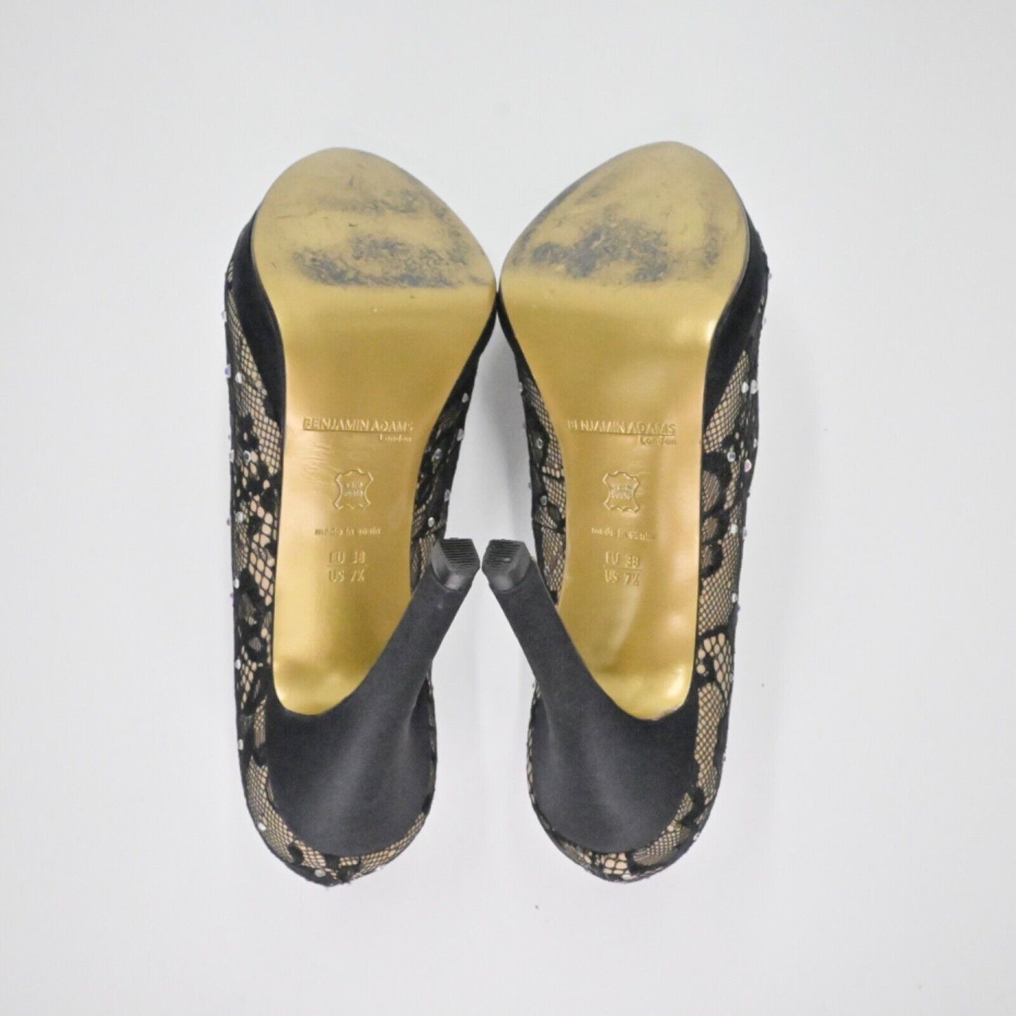 BENJAMIN ADAMS Pumps Womens Sz 7.5 Black Lace Rhinestone Peep Toe Stiletto Heel