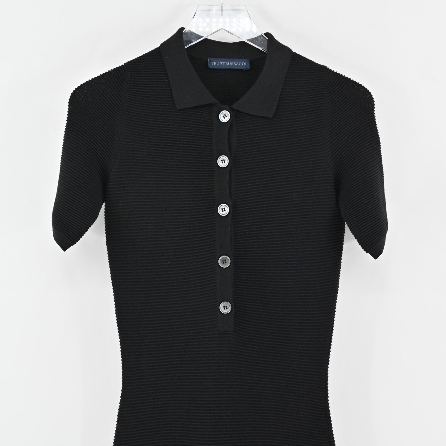 TRUSSARDI Ribbed Dress Size XS Tru Black Button Detail Fitted Stretch Midi