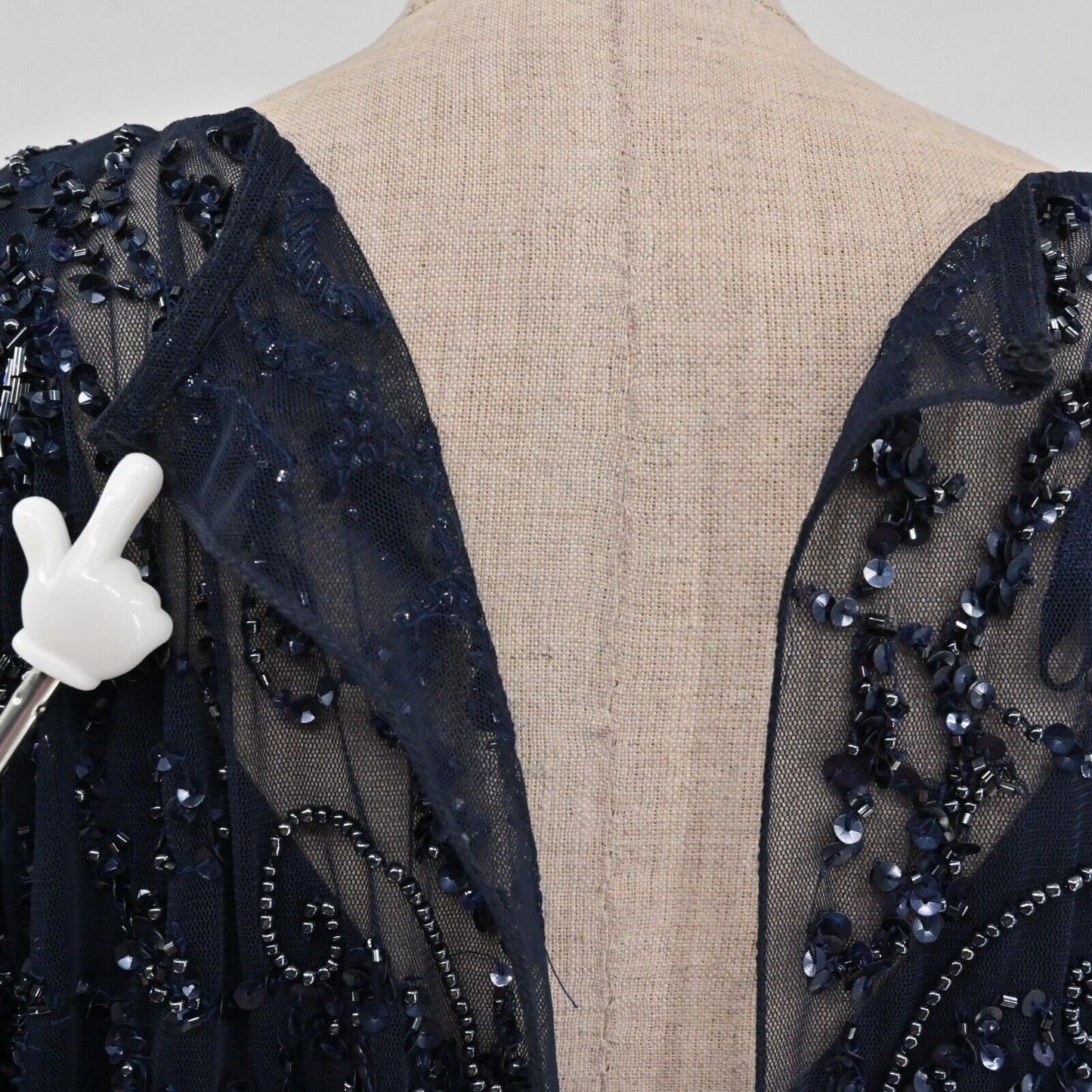 AIDAN MATTOX Dress Size 10 Beaded Sequin Navy Blue Gown Flutter Sleeve Glam FLAW