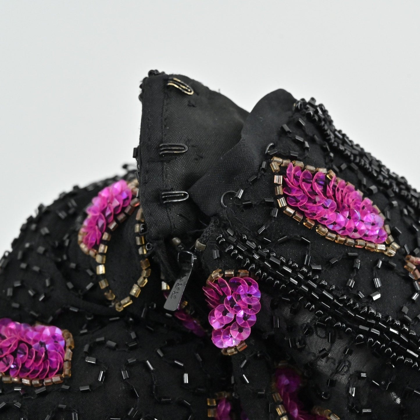 Vtg 80s Papell Boutique Silk Beaded Top Size S Black Pink Sequined Retro Glam