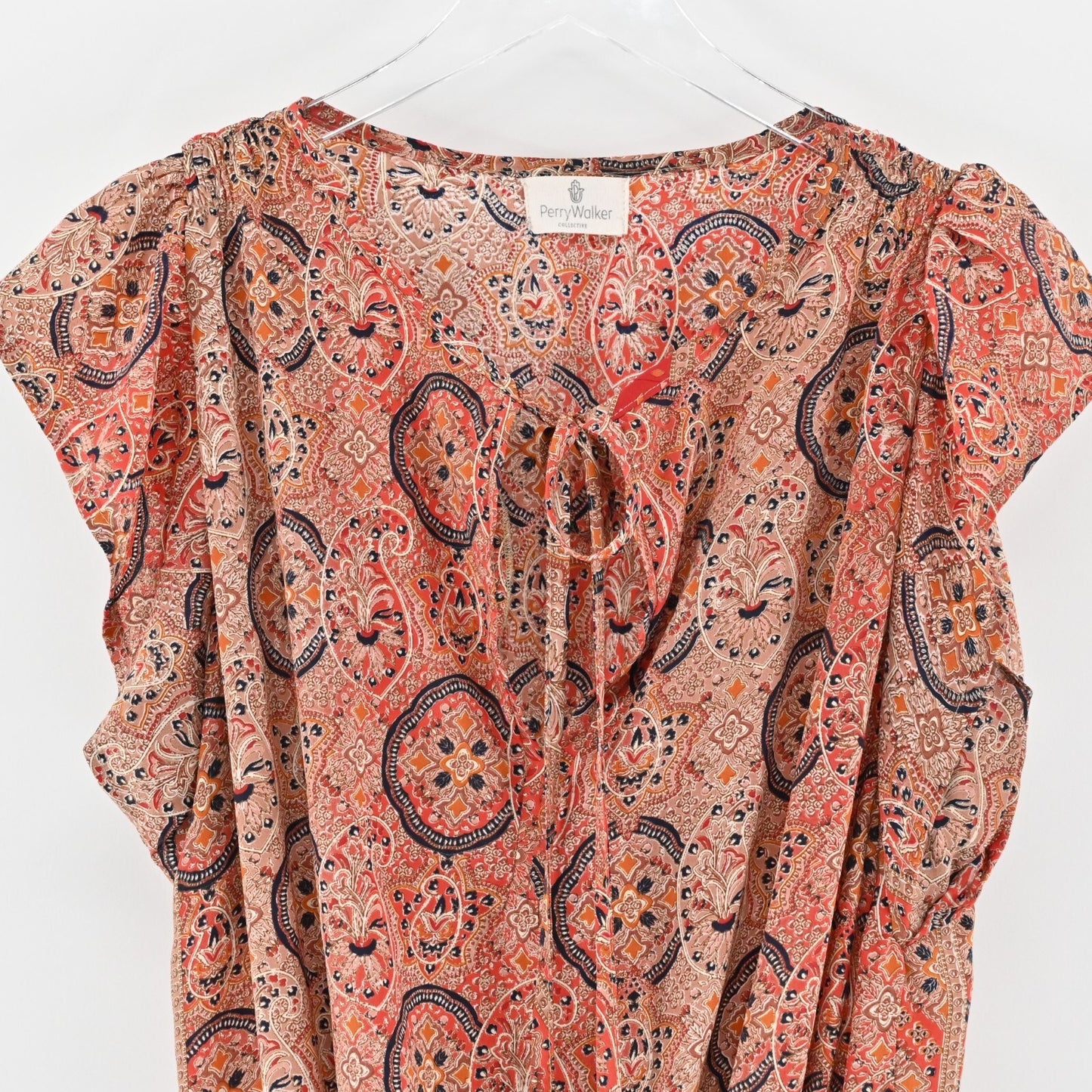 PERRY WALKER Dress Size XL Smocked Tie Front Paisley Print Tunic Mini Boho Retro