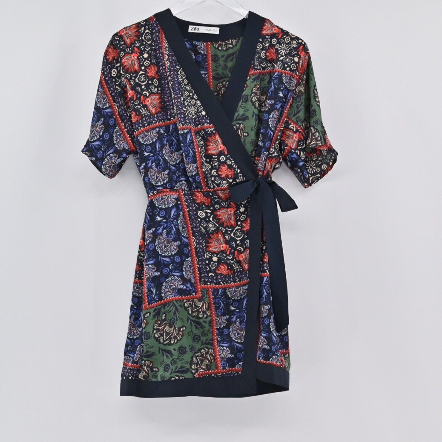 ZARA Dress Womens Sz Small Floral Wrap Mini Patchwork Boho Kimono Dolman Sleeve