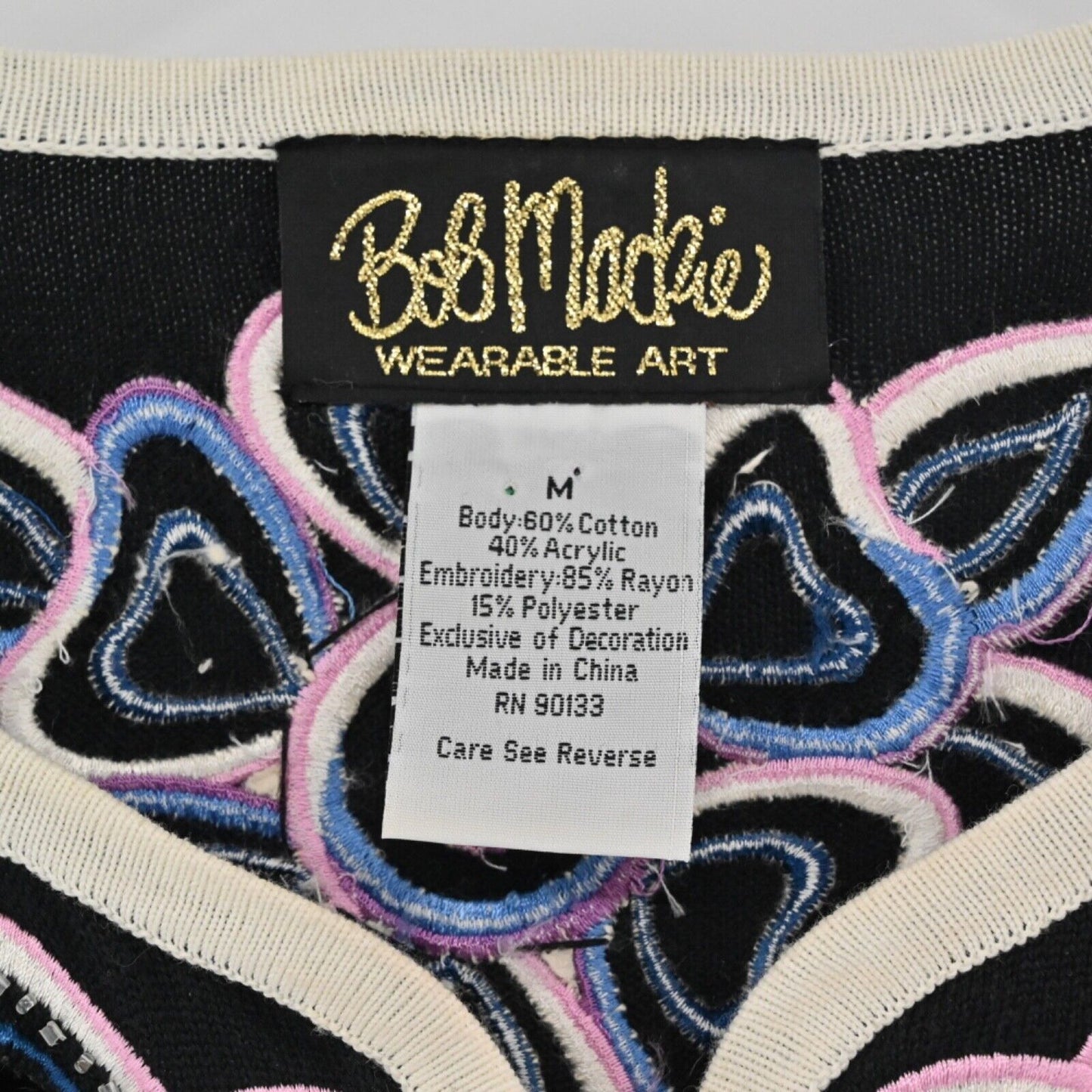 Vtg BOB MACKIE Cardigan Womens Sz M Cut Out Floral Embroidered Beaded Rhinestone