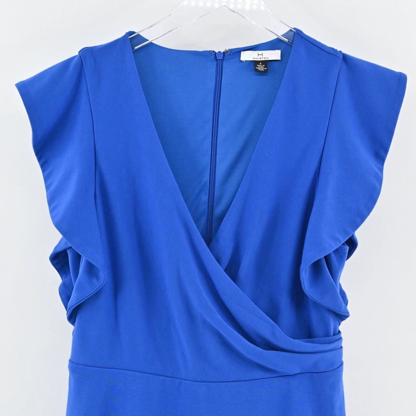 H by HALSTON Dress Sz 6 Blue Ruffle Flutter Sleeve Faux Wrap V Neck Jersey Shift