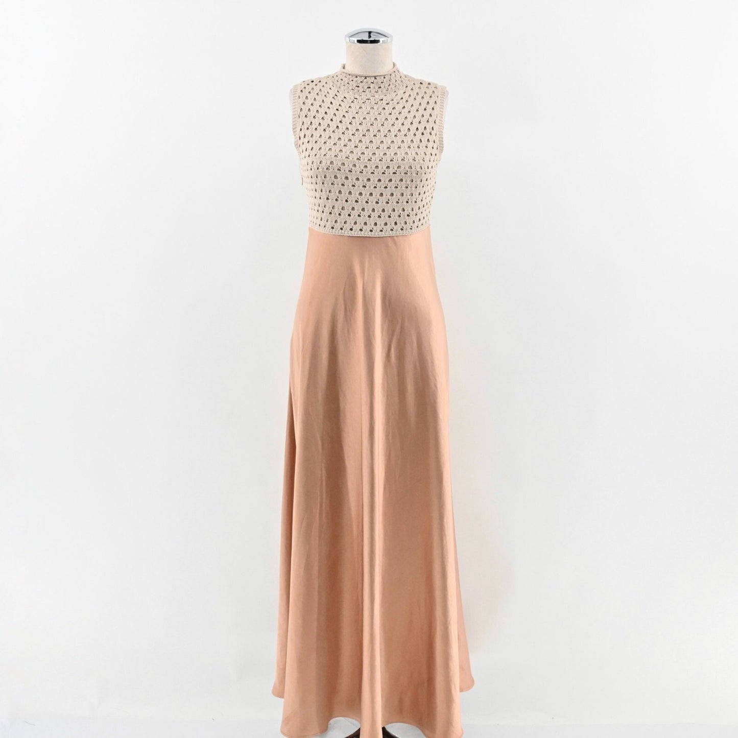 ANTHROPOLOGIE Maxi Dress Size XS Crochet Satin Mare Mare Mock Neck Sleeveless