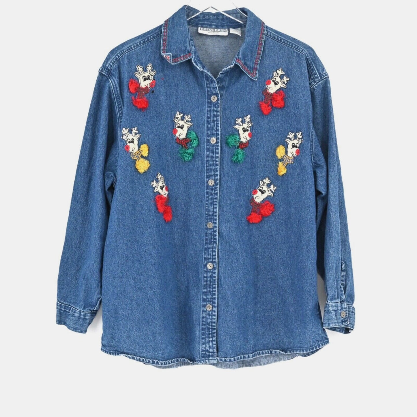 Vtg Christmas Denim Top Womens Size 1X Rudolph Holiday Chambray 90s Dress Barn