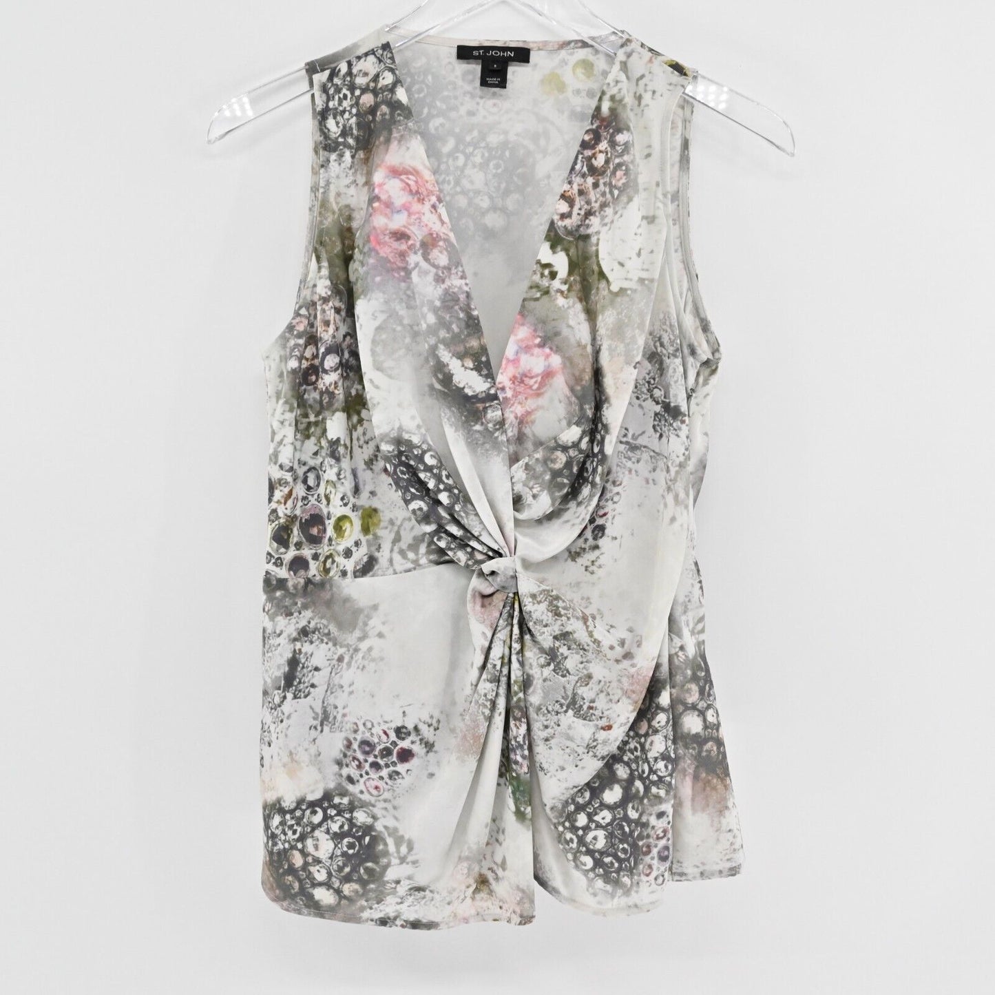 ST JOHN Top Womens Size 8 Gray Mix Print Silk Blend V Neck Faux Wrap Tank Career