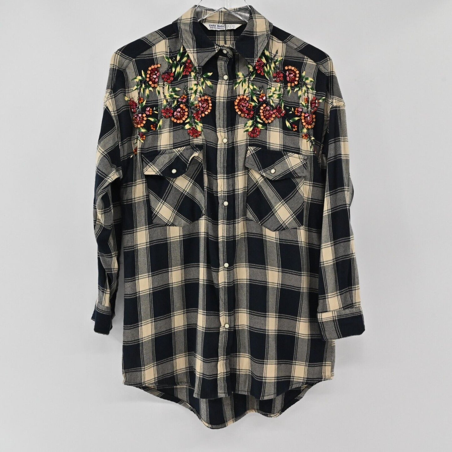ZARA Top Womens Sz XS Plaid Pearl Snap Flannel Floral Embroidery Beading Pockets