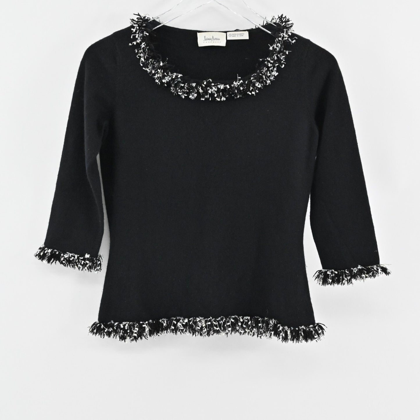 Vtg NEIMAN MARCUS Cashmere Sweater Womens Size S Knit Casual Black Fringe Trim