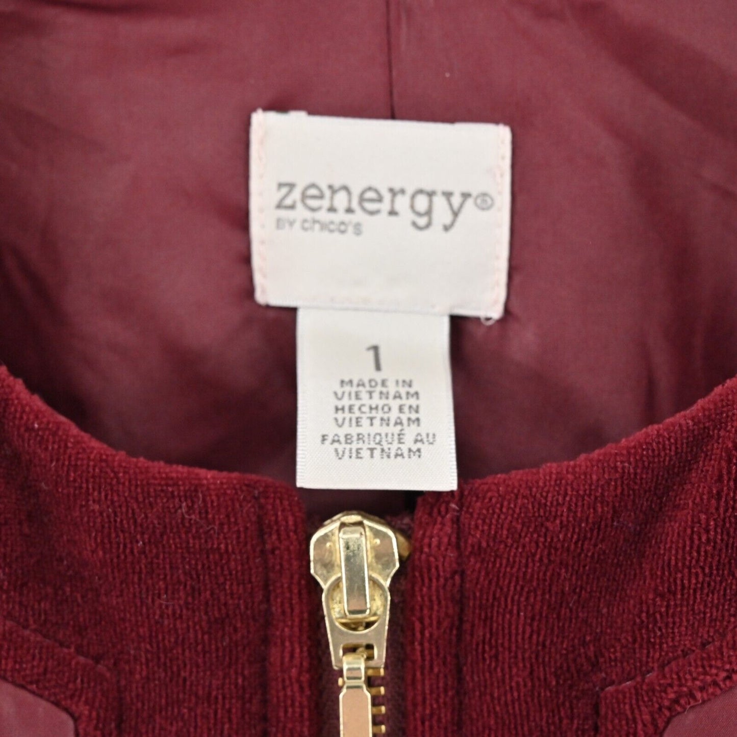 CHICOS Jacket Womens Size M Zenergy Red Maple Velvet Trim Embroidered Zip Front