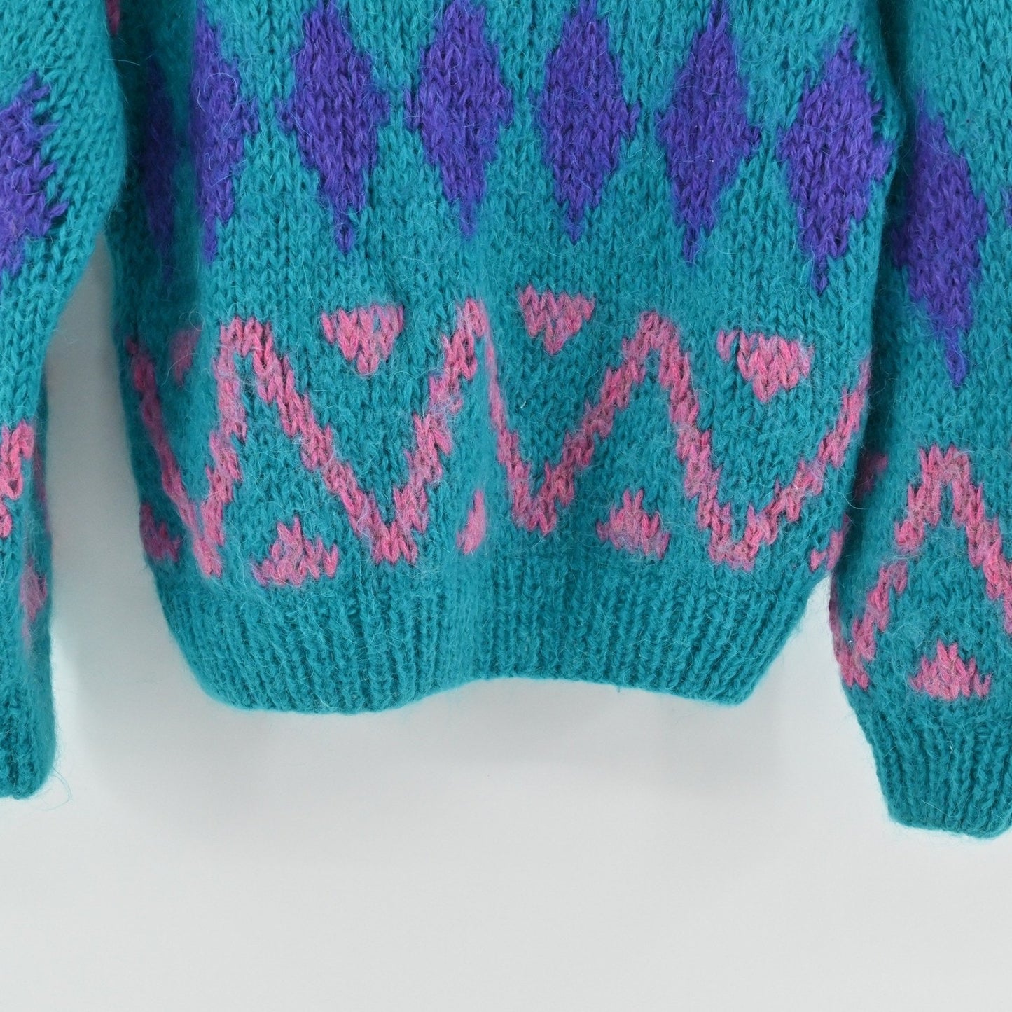 Vtg 80s Womens Mohair Knit Sweater Size L Teal Colorful Diamond Cardigan