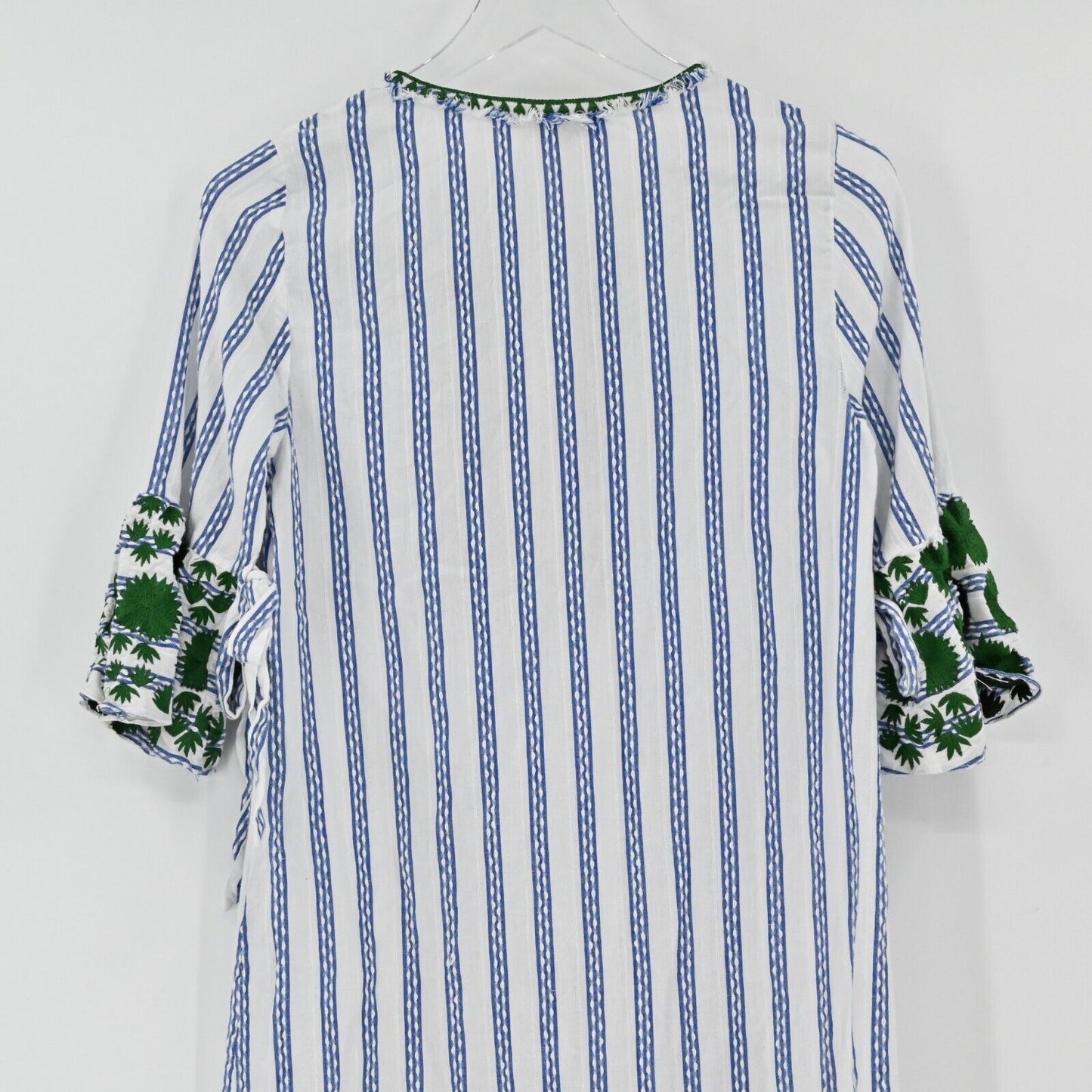 RUNGOLEE Dress Womens Sz XS Blue Green Striped Mini Embroidered Boho Cottagecore