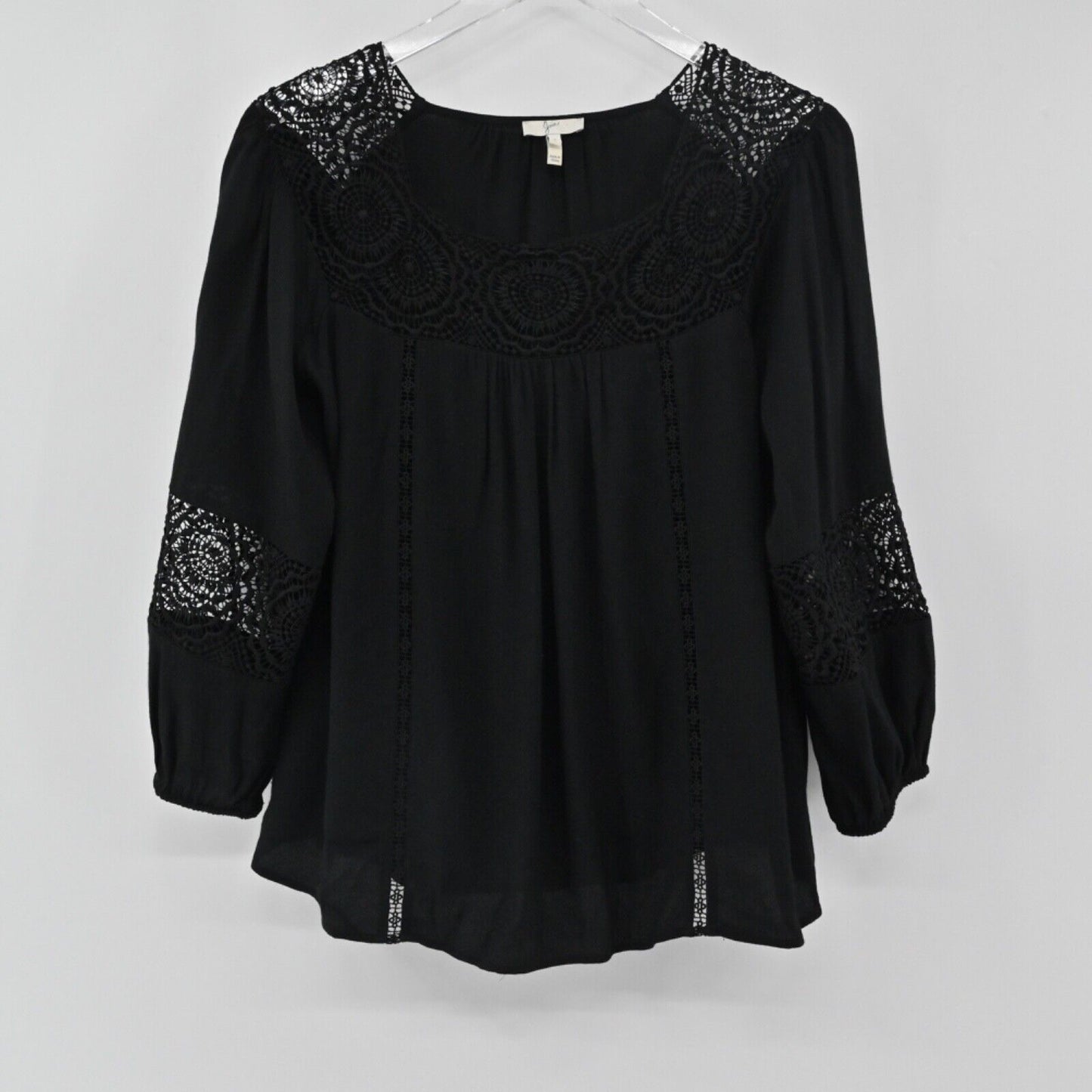 JOIE Top Womens Size S Black Bellange Floral Crochet Lace Inset Balloon Sleeve