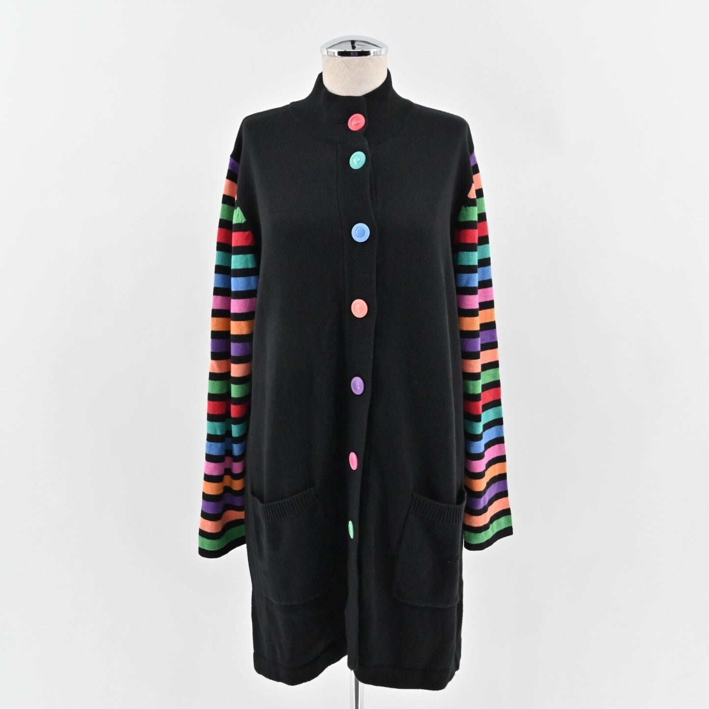 BOB MACKIE Cardigan Sweater Womens Size L Wearable Art Multicolor Stripe Knit