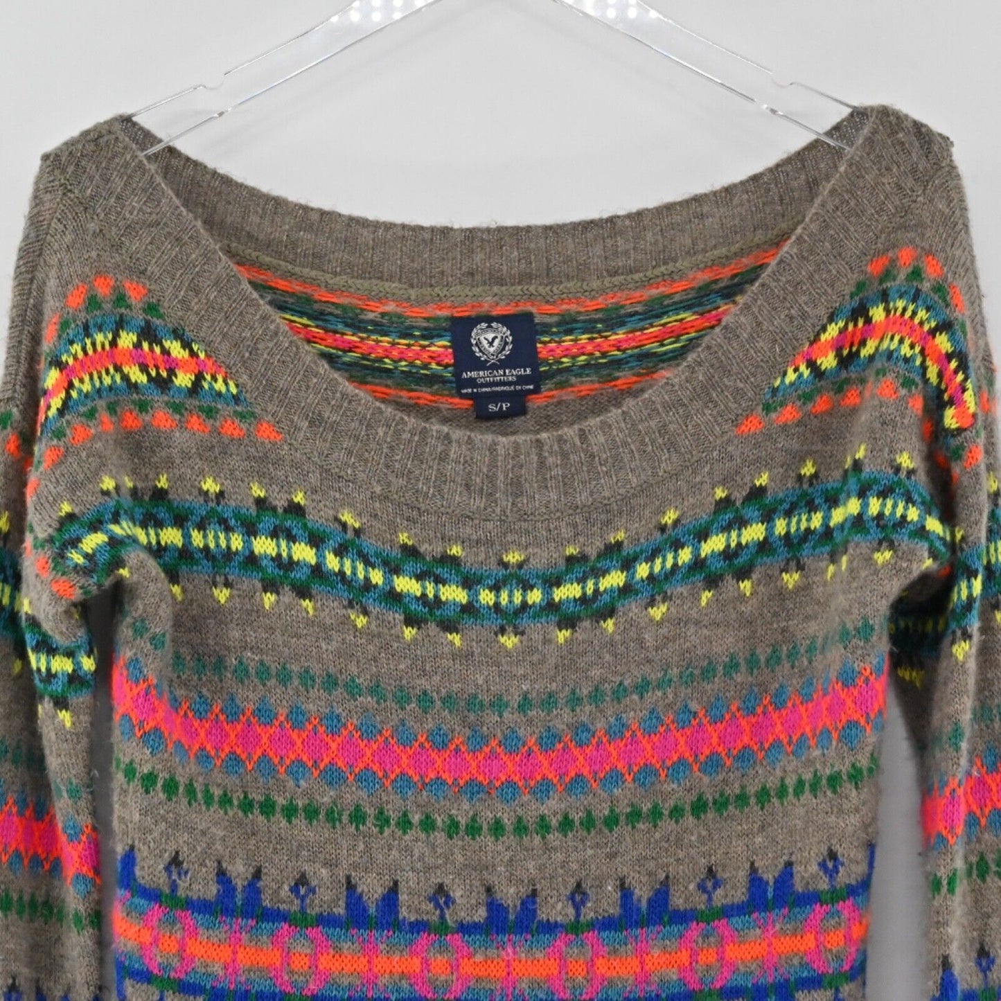 AMERICAN EAGLE Sweater Womens Size S Neon Fair Isle Wool Blend Boat Neck Retro