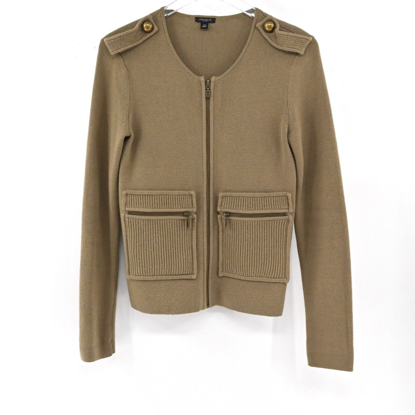 ANN TAYLOR Cardigan Womens Size XS Brown Military Full Zip Cotton Wool Retro Y2K