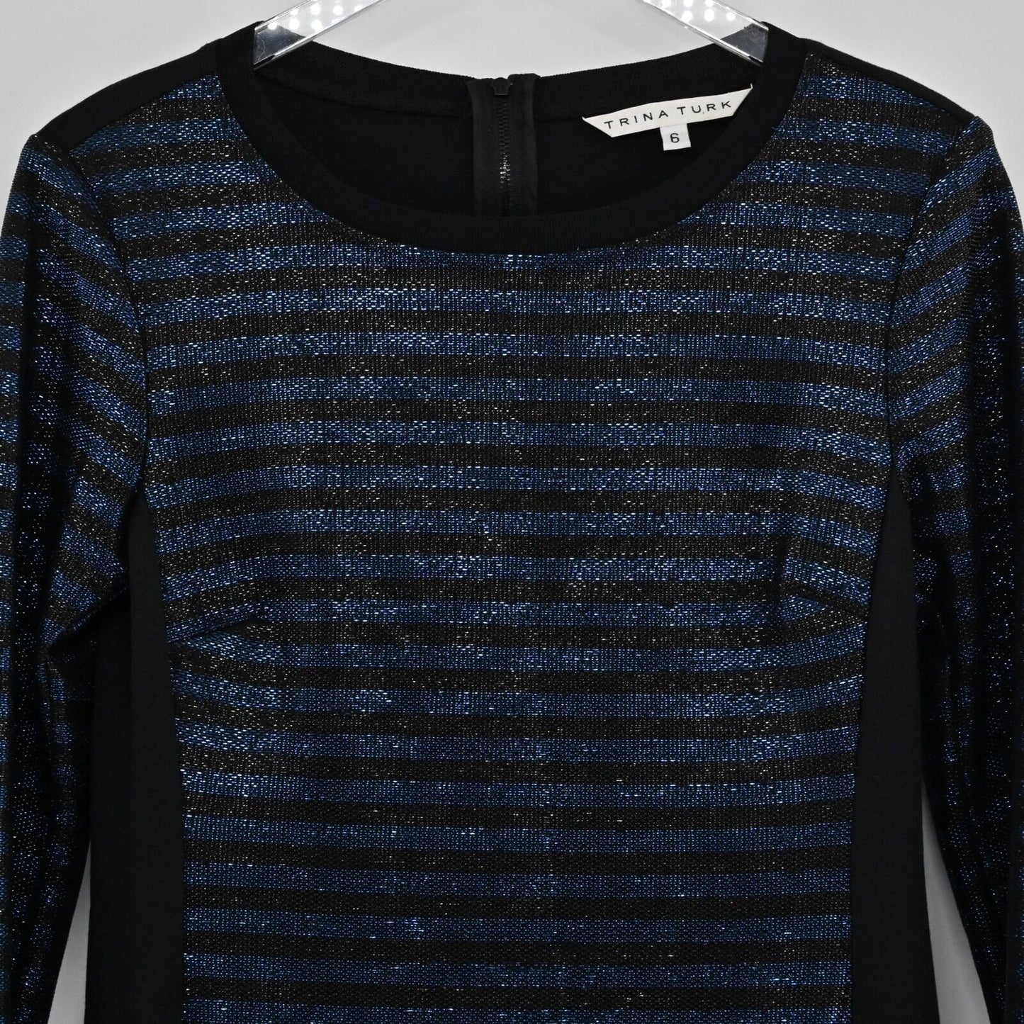 TRINA TURK Dress Womens Sz 6 Metallic Black Blue Stripe Scoop Neck Mini Sweater