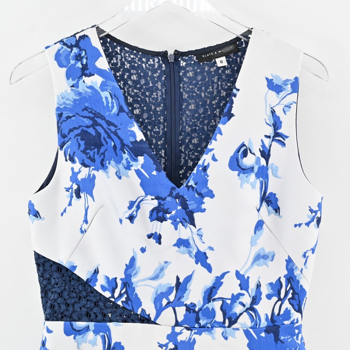 SLATE WILLOW Dress Size 8 Blue Floral Brushstroke Print Sleeveless Lace Back