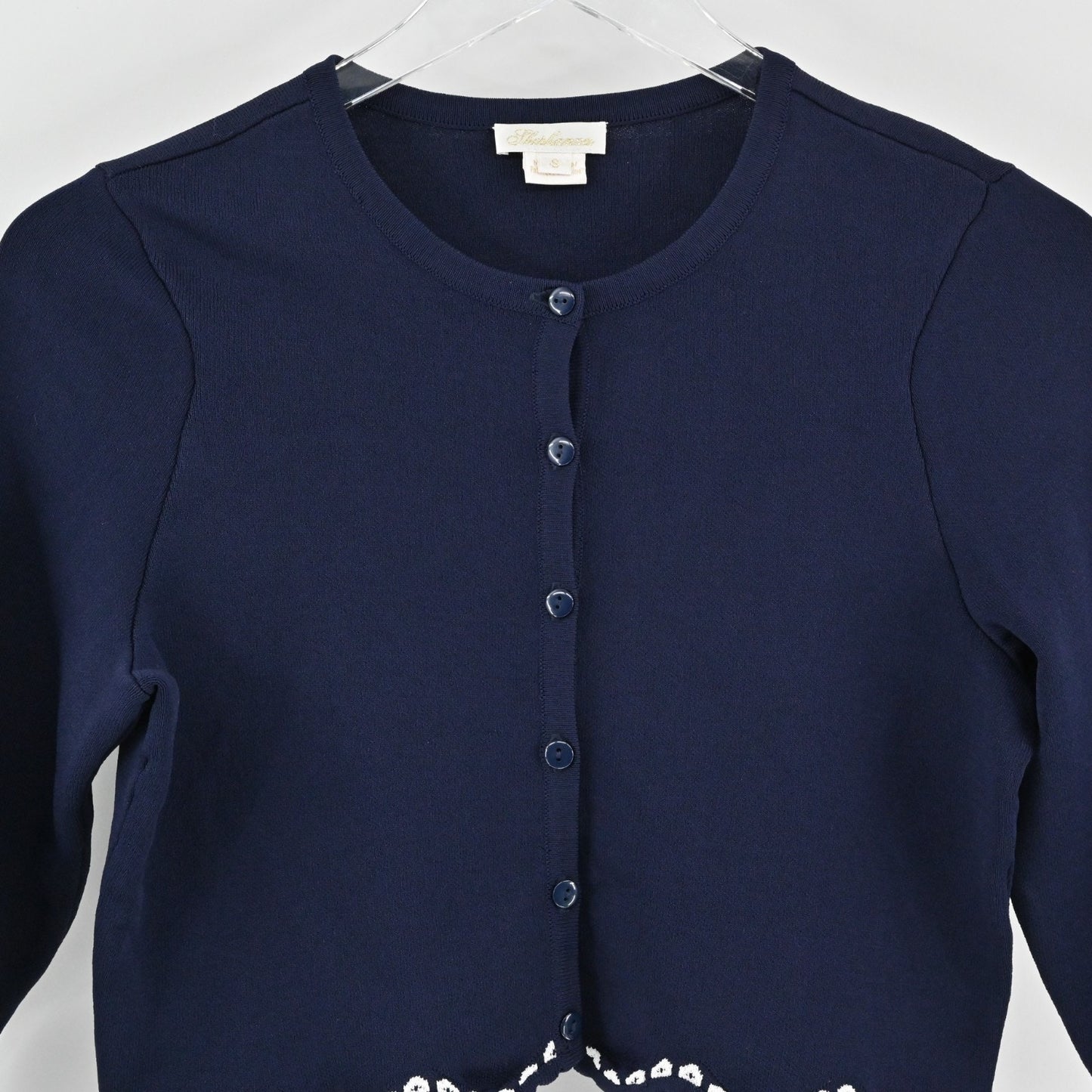 Shoshanna Womens Cardigan Sweater Sz S Navy Blue White Trim Scalloped Knit Crop
