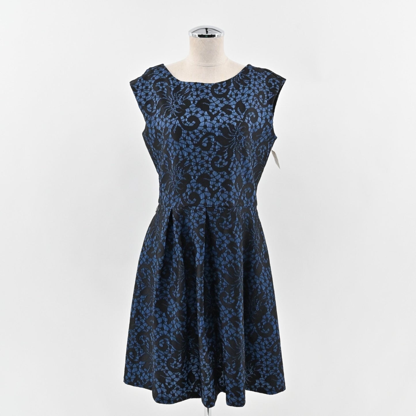 Vtg NEIMAN MARCUS Dress Size 10 Blue Black Floral Lace Sleeveless Flare Retro