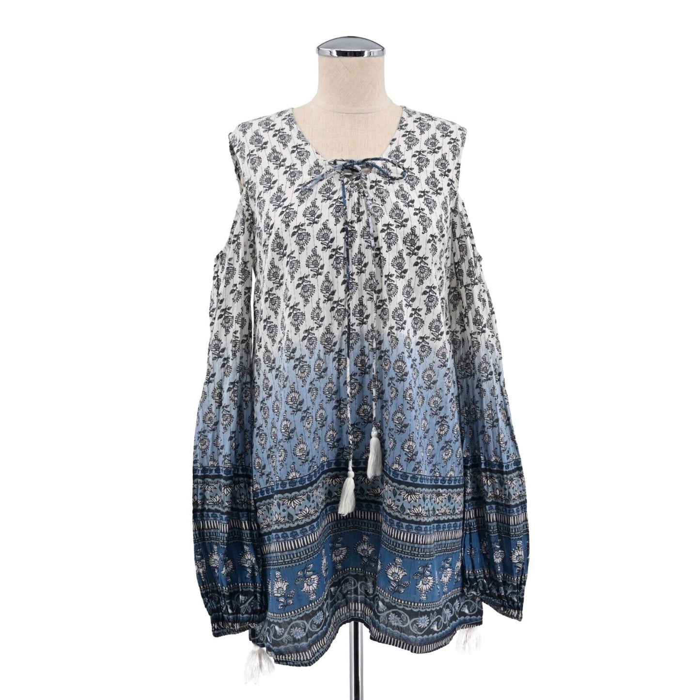 RAGA Dress Womens Size XS Night Bloomer Mini Cold Shoulder Tassel Metallic Boho
