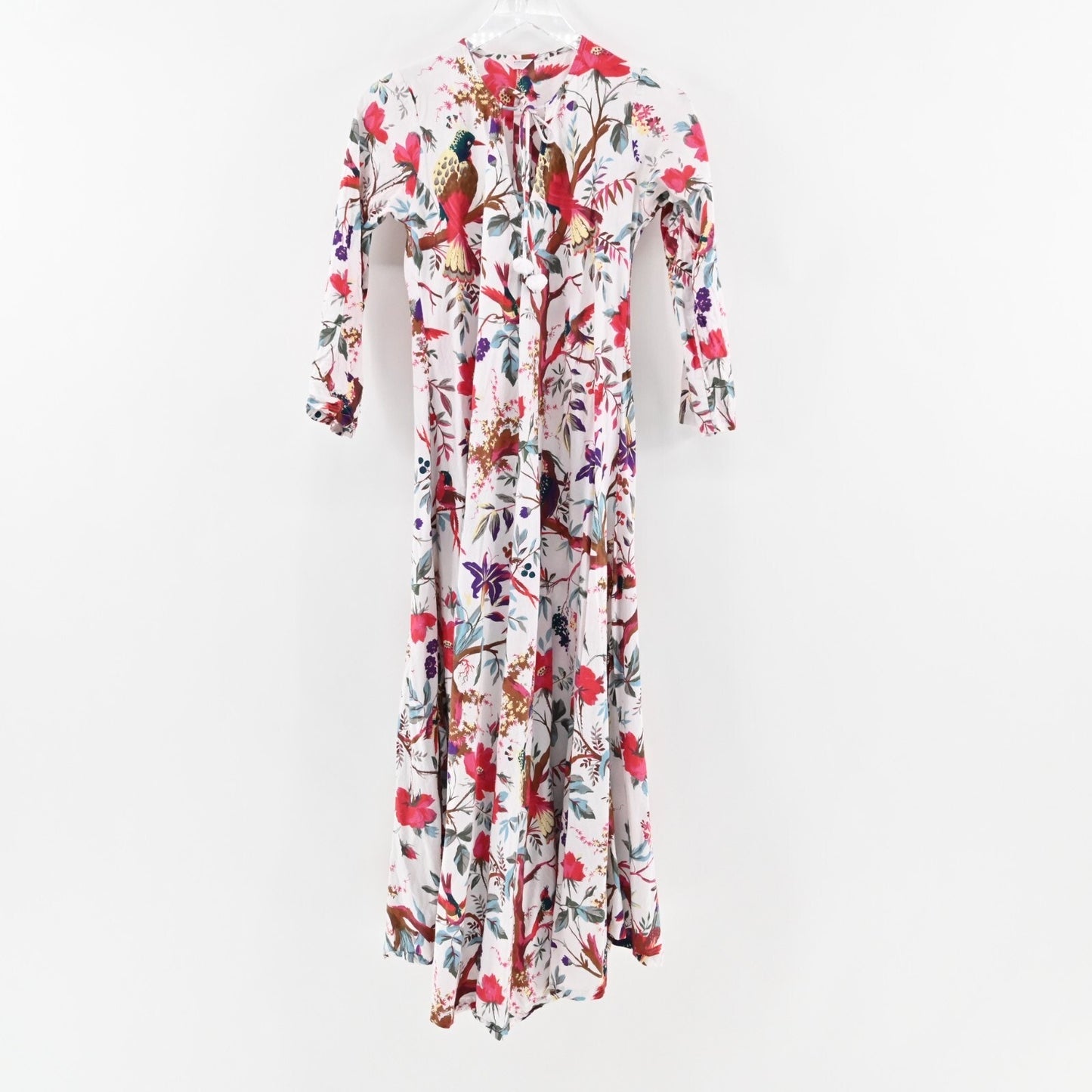 GUADALUPE DESIGN Maxi Dress Size S Cotton Tie Neck Bird Floral Print Relaxed